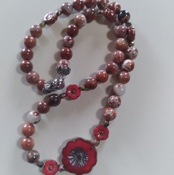 Hand-made Jewelry - ✨️17" Picasso Jasper & Czech Glass🌺Flower Necklace ✨️